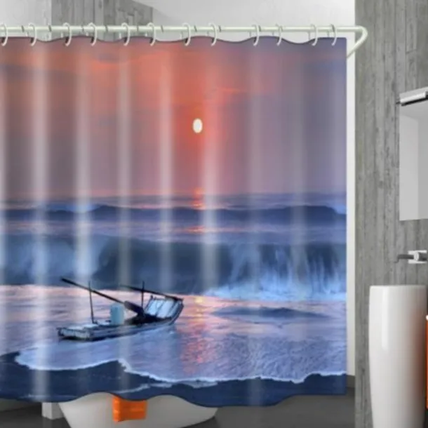 Shower Curtain with Hooks 180cm*180cm(70"*70")Suitable for Separate Wet and Dry Zone Divide Bathroom Waterproof Oil-proof Seaside Sunset Landscape Pattern Bath Curtain