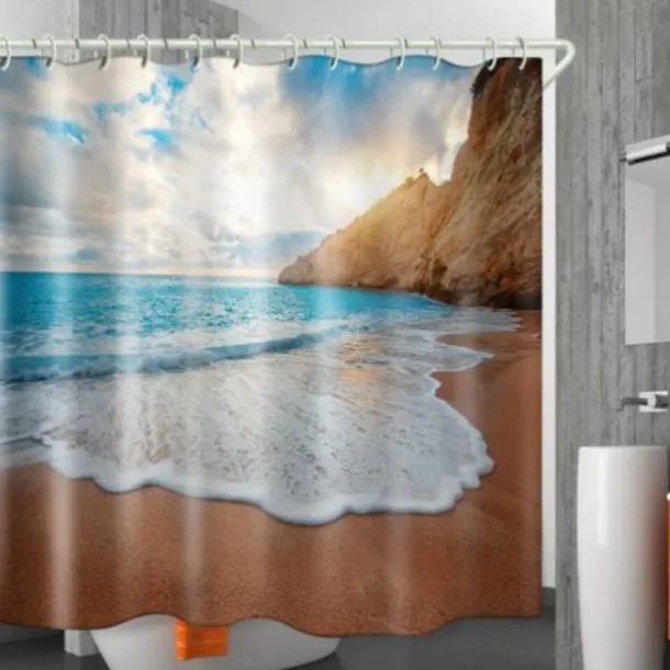 Shower Curtain with Hooks 180cm*180cm(70"*70")Suitable for Separate Wet and Dry Zone Divide Bathroom Waterproof Oil-proof Seaside Sunset Landscape Pattern Bath Curtain