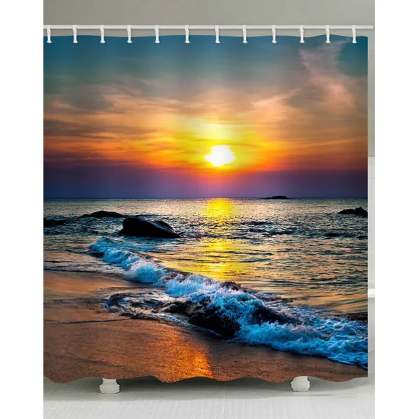 Shower Curtain with Hooks 180cm*180cm(70"*70")Suitable for Separate Wet and Dry Zone Divide Bathroom Waterproof Oil-proof Seaside Sunset Landscape Pattern Bath Curtain