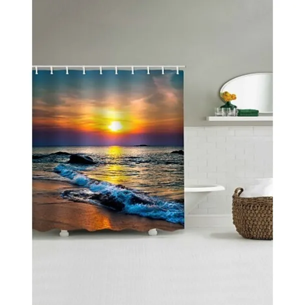 Shower Curtain with Hooks 180cm*180cm(70"*70")Suitable for Separate Wet and Dry Zone Divide Bathroom Waterproof Oil-proof Seaside Sunset Landscape Pattern Bath Curtain