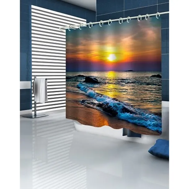 Shower Curtain with Hooks 180cm*180cm(70"*70")Suitable for Separate Wet and Dry Zone Divide Bathroom Waterproof Oil-proof Seaside Sunset Landscape Pattern Bath Curtain