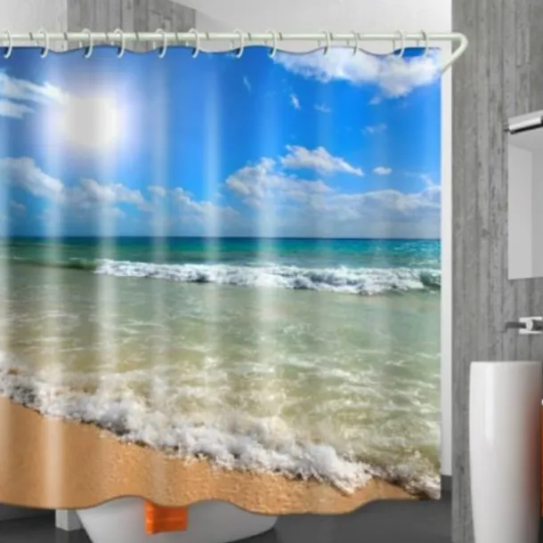 Shower Curtain with Hooks 180cm*180cm(70"*70")Suitable for Separate Wet and Dry Zone Divide Bathroom Waterproof Oil-proof Seaside Sunset Landscape Pattern Bath Curtain