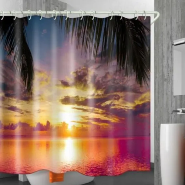 Shower Curtain with Hooks 180cm*180cm(70"*70")Suitable for Separate Wet and Dry Zone Divide Bathroom Waterproof Oil-proof Seaside Sunset Landscape Pattern Bath Curtain