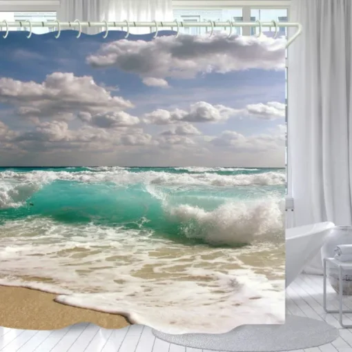 Shower Curtains with Hooks Waterproof 180cm*180cm(70"*70")White Clouds Waves Printing Modern Polyester