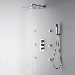 Shower Faucet,12 inch Chrome Shower Faucets Sets Complete with Brass Shower Head and Solid Brass Handshower+Wall MountedRainfall Shower Head System(Contain Bodysprays,Shower Arm,Handshower)