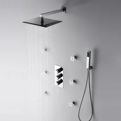 Shower Faucet,12 inch Chrome Shower Faucets Sets Complete with Brass Shower Head and Solid Brass Handshower+Wall MountedRainfall Shower Head System(Contain Bodysprays,Shower Arm,Handshower)