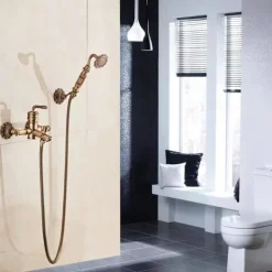 Shower Faucet Set Wall Mounted Vintage Brass, Shower System Handheld Sprayer, with Tub Spout Cold and Hot Hose