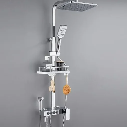 Shower Faucet with LED Display Thermostatic Mixer valve Set Handshower Included Pullout/Shelf Rainfall Shower Electroplated Mount Outside Ceramic Valve Bath Shower Mixer Taps