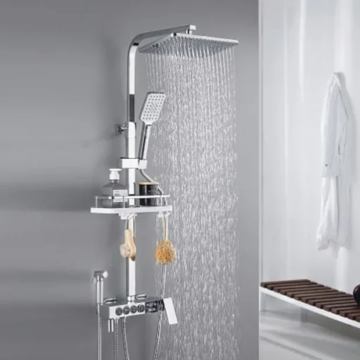Shower Faucet with LED Display Thermostatic Mixer valve Set Handshower Included Pullout/Shelf Rainfall Shower Electroplated Mount Outside Ceramic Valve Bath Shower Mixer Taps
