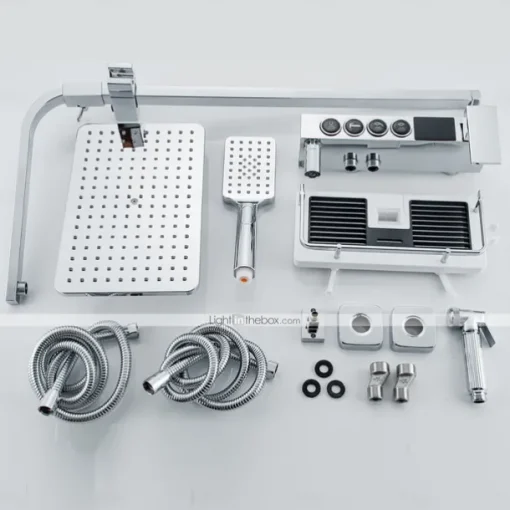Shower Faucet with LED Display Thermostatic Mixer valve Set Handshower Included Pullout/Shelf Rainfall Shower Electroplated Mount Outside Ceramic Valve Bath Shower Mixer Taps