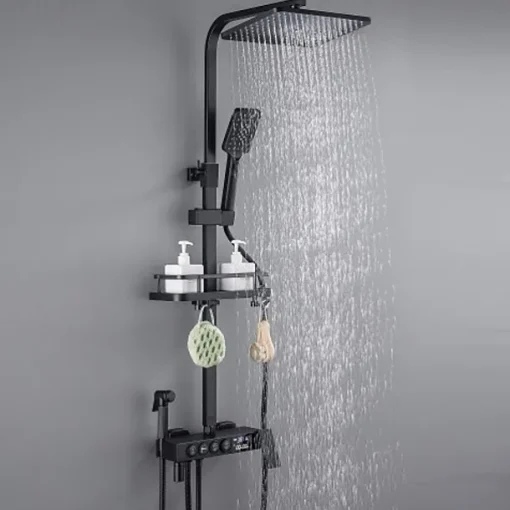 Shower Faucet with LED Display Thermostatic Mixer valve Set Handshower Included Pullout/Shelf Rainfall Shower Electroplated Mount Outside Ceramic Valve Bath Shower Mixer Taps