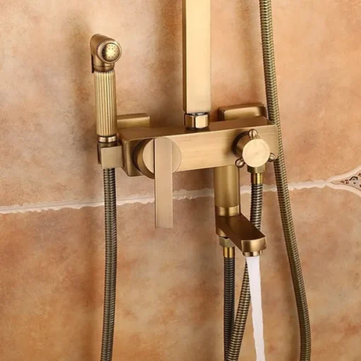 Shower Faucet,Antique Brass Shower System Set,Mount Outside Waterfall Pullout Included Multi Spray and Rainfall Shower Bath Shower Mixer Taps with Cold and Hot Switch