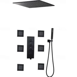 Shower Faucet,Contemporary Black Bath Shower Faucet Set / 16 Inch Bathroom Rain LED Shower Head / Hot And Cold Mixer Valve / Brass Hand Shower Included