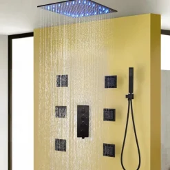 Shower Faucet,Contemporary Black Bath Shower Faucet Set / 16 Inch Bathroom Rain LED Shower Head / Hot And Cold Mixer Valve / Brass Hand Shower Included