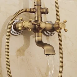 Shower Faucet,Shower System Set - Handshower Included pullout Waterfall Vintage Style / Country Antique Brass Mount Outside Ceramic Valve Bath Shower Mixer Taps