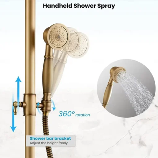 Shower Faucet,Shower System Set,Rainfall Antique Brass Shower Fixture 8 Inch Shower Head Handled Shower Waterfall Tub Spout Wall Mounted Outdoor Shower System with Shower Shelf