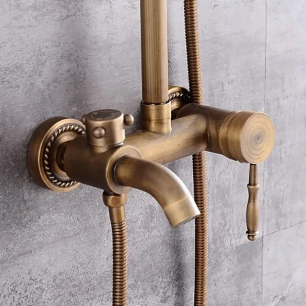 Shower Faucet,Shower System Set - Handshower Included pullout Waterfall Vintage Style / Country Antique Brass Mount Outside Ceramic Valve Bath Shower Mixer Taps