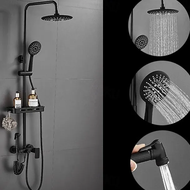 Shower System Faucet Combo Set with 8" Rain Showerhead, Multi-Function Hand Shower, Adjustable Slide Bar and Soap Dish Wall Mounted Ceramic Valve Bath Shower Mixer Taps