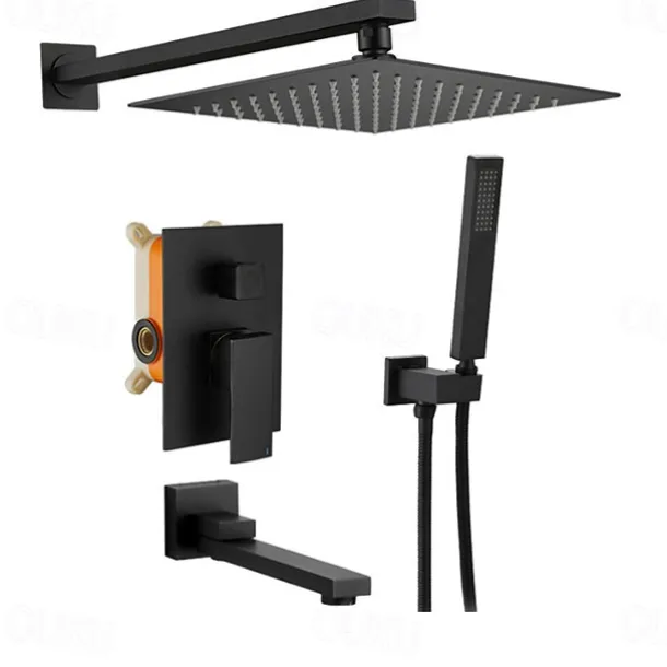 Shower System Faucet Set Rainfall Shower Head 10 inches Black, Rough in Valve and Trim Kit Combo Set High Pressure Head with Handheld Wall Mounted for Bathroom