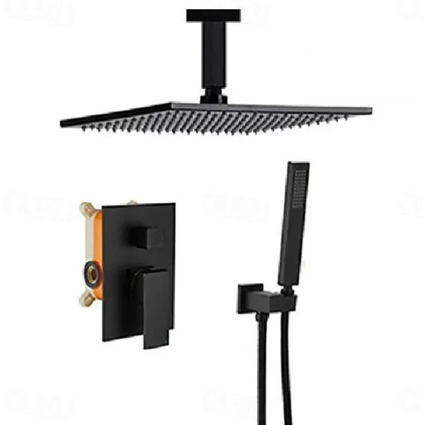 Shower System Faucet Set Rainfall Shower Head 10 inches Black, Rough in Valve and Trim Kit Combo Set High Pressure Head with Handheld Wall Mounted for Bathroom