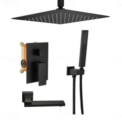 Shower System Faucet Set Rainfall Shower Head 10 inches Black, Rough in Valve and Trim Kit Combo Set High Pressure Head with Handheld Wall Mounted for Bathroom