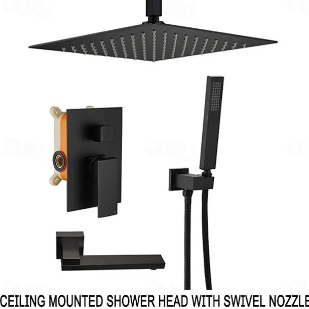 Shower System Faucet Set Rainfall Shower Head 10 inches Black, Rough in Valve and Trim Kit Combo Set High Pressure Head with Handheld Wall Mounted for Bathroom