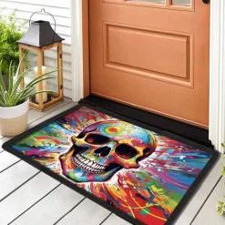 Skull Colorful Door Mat Floor Mat Non Slip Area Rug Bath Mat Waterasorb for Indoor Outdoor Patio Bedroom Kitchen Office