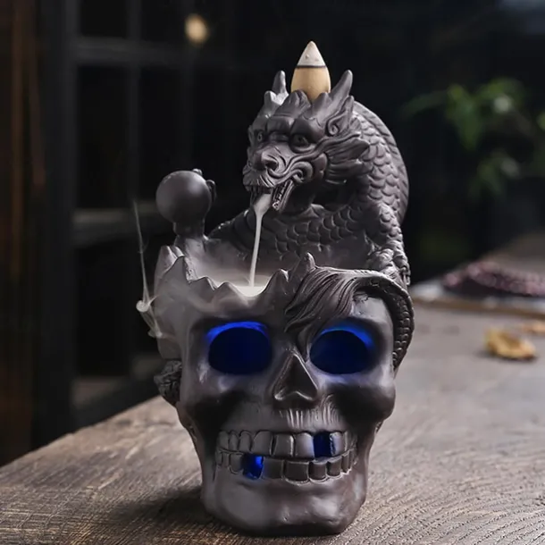 Skull Incense Burner Holder, Reflux Cascade, Ceramic, LED, Unique, Incense Burner, Skull Burner for Halloween, Aromatherapy, Yoga, Home Decor