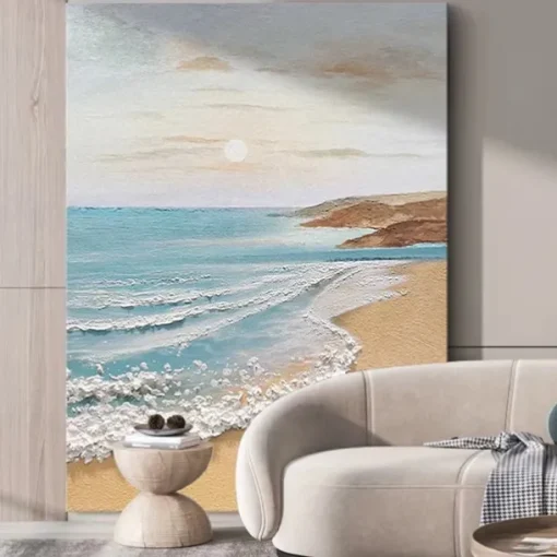 Sky and Ocean painting hand painted Calming Landscape Painting Neutral Landscape oil painting handmade Light Beige Aesthetic Acrylic wave sea Painting Minimalist Art painting