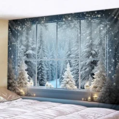Snow Window Hanging Tapestry Winter White Wall Art Large Tapestry Mural Decor Photograph Backdrop Blanket Curtain Home Bedroom Living Room Decoration
