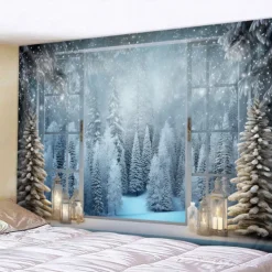 Snow Window Hanging Tapestry Winter White Wall Art Large Tapestry Mural Decor Photograph Backdrop Blanket Curtain Home Bedroom Living Room Decoration