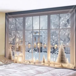 Snow Window Hanging Tapestry Winter White Wall Art Large Tapestry Mural Decor Photograph Backdrop Blanket Curtain Home Bedroom Living Room Decoration