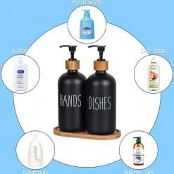 Soap Dispenser Set with Tray by Brighter Barns for Bathroom/Kitchen Hand and Dish Soap Dispenser for Bathroom Kitchen Sink Bamboo- Farmhouse Soap Dispenser(500ml*2)