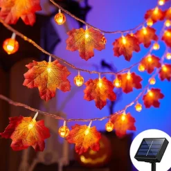 Solar 3D Pumpkin Maple Leaf String Lights 6.5m 30LED Outdoor Waterproof Garden Light Autumn Thanksgiving Christmas Wedding Party Holiday Yard Home Balcony Decoration