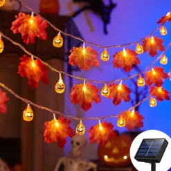 Solar 3D Pumpkin Maple Leaf String Lights 6.5m 30LED Outdoor Waterproof Garden Light Autumn Thanksgiving Christmas Wedding Party Holiday Yard Home Balcony Decoration