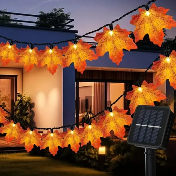 Solar Powered Artificial Maple Leaf Garland String Lights 6.5m 30LEDs Thanksgiving Halloween Autumn Leaves Decoration Outdoor Indoor Garden Patio Fireplace for Holiday Atmosphere Lighting