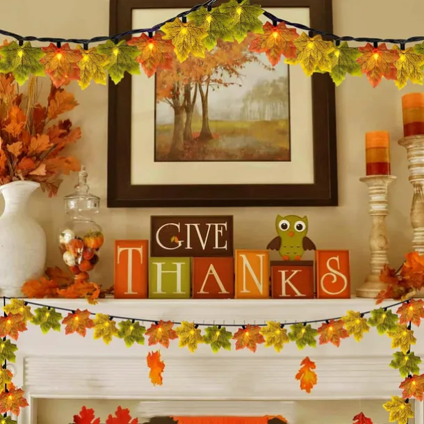 Solar Powered Artificial Maple Leaf Garland String Lights 6.5m 30LEDs Thanksgiving Halloween Autumn Leaves Decoration Outdoor Indoor Garden Patio Fireplace for Holiday Atmosphere Lighting