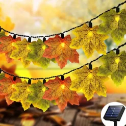 Solar Powered Artificial Maple Leaf Garland String Lights 6.5m 30LEDs Thanksgiving Halloween Autumn Leaves Decoration Outdoor Indoor Garden Patio Fireplace for Holiday Atmosphere Lighting