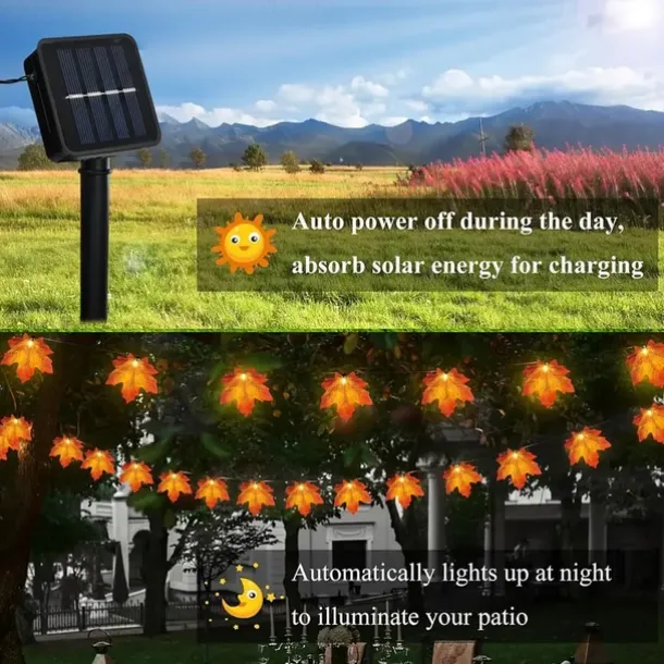Solar Powered Artificial Maple Leaf Garland String Lights 6.5m 30LEDs Thanksgiving Halloween Autumn Leaves Decoration Outdoor Indoor Garden Patio Fireplace for Holiday Atmosphere Lighting