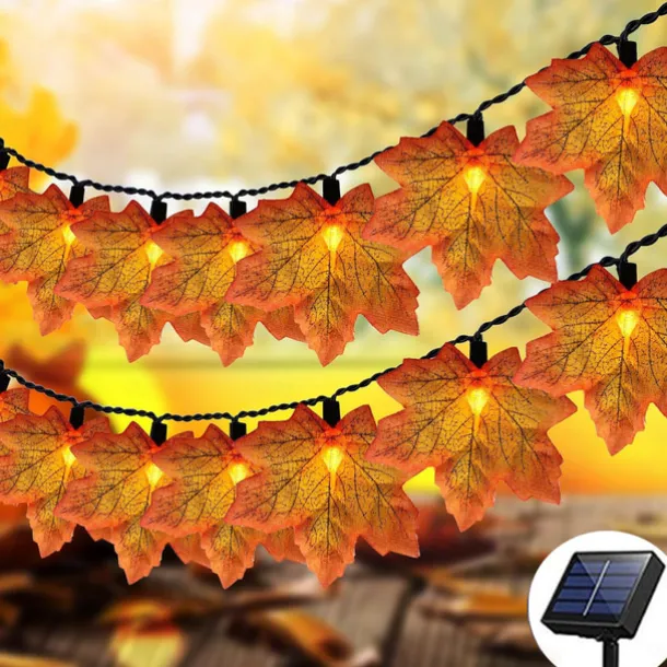 Solar Powered Artificial Maple Leaf Garland String Lights 6.5m 30LEDs Thanksgiving Halloween Autumn Leaves Decoration Outdoor Indoor Garden Patio Fireplace for Holiday Atmosphere Lighting
