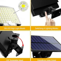 Solar Security Wall Light Outdoor 106LED with Motion Sensor Remote Control IP65 Waterproof 120 Lighting Angle Solar Security Wall Sconce