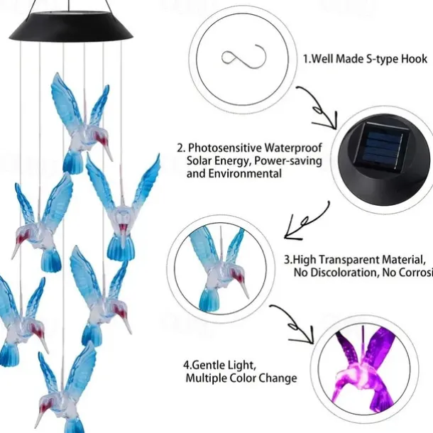 Solar Wind Chimes - Color Changing LED Hummingbird Lights for Garden & Patio Decoration