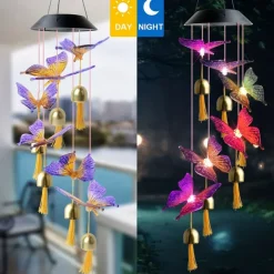 Solar Wind Chimes Bell Dragonfly LED Lights Outdoor Waterproof Auto Light Color-Changing Solar Powered Hanging Lights for Courtyard Garden Patio Festival Decoration