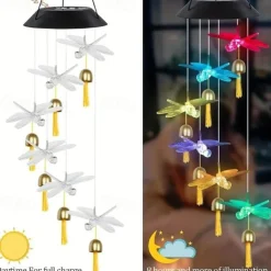 Solar Wind Chimes Bell Dragonfly LED Lights Outdoor Waterproof Auto Light Color-Changing Solar Powered Hanging Lights for Courtyard Garden Patio Festival Decoration