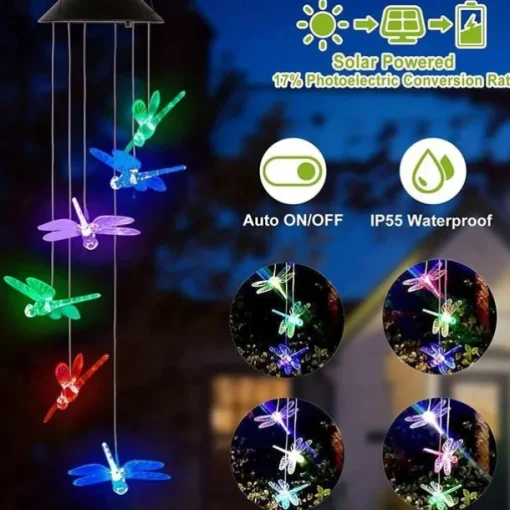 Solar Wind Chimes Lights Waterproof Green Dragonfly Shape Color Changing Lights Romantic Wind Bell Light LED Solar Mobile Hanging Decor For Garden Patio