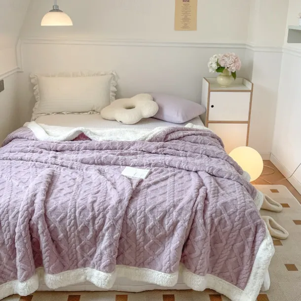 Solid Color Thickened Warm Double Layer Lamb Cashmere Jacquard Blanket Office Nap Blanket Sofa Warmer Super Soft Blankets