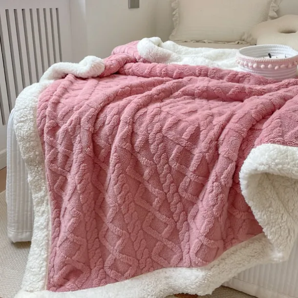 Solid Color Thickened Warm Double Layer Lamb Cashmere Jacquard Blanket Office Nap Blanket Sofa Warmer Super Soft Blankets