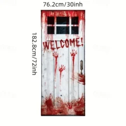 Spooky Halloween Door Decal - 71.65x28.35inch, Blood-Red Handprint Welcome Sign & Pumpkins, Plastic, Perfect for Party & Home Decor, Halloween Decorations