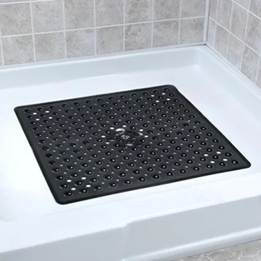 Square Bath Mat Non-slip Shower Mats - 21 x 21 inch Non Slip Bathtub Mat with Suction Cup, Safety Shower Stall Mats for Kids & Elderly, Shower Mat with Drain Holes, Machine Washable, Clear White