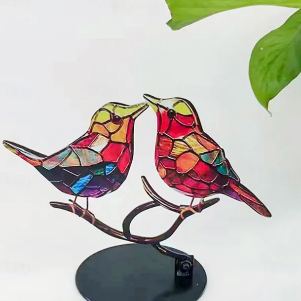 Stained Birds On Branch Desktop Ornaments,Metal Flat Vivid Birds Decorations On Branch,Double Sided Multicolor Hummingbird Craft Statue Table Gift for Bird Lovers